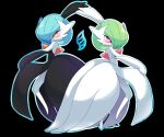  alternate_color black_background black_dress black_gloves blue_hair bob_cut colored_skin dress elbow_gloves gardevoir gloves green_hair hair_over_one_eye mega_gardevoir orange_eyes pink_eyes pokemon pokemon_(creature) shiny_pokemon simple_background smile strapless strapless_dress white_dress white_gloves white_skin zakro 