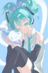  1girl :3 absurdres aqua_eyes aqua_hair aqua_necktie arm_tattoo black_skirt black_sleeves black_thighhighs blue_bow bow cinnamiku cinnamoroll collared_shirt commentary detached_sleeves ear_bow grey_shirt hair_between_eyes hair_bow hatsune_miku headphones highres knees_up long_hair looking_at_viewer looshue necktie one_eye_closed pleated_skirt sanrio shirt sitting skirt sleeveless sleeveless_shirt tattoo thigh-highs tied_ears updo vocaloid 