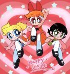  3girls absurdres alternate_legwear anniversary black_hair blonde_hair blossom_(ppg) blue_eyes blush bow bubbles_(ppg) buttercup_(ppg) dress eyelashes green_eyes hair_bow heart heart_background highres kim_crab long_hair looking_at_viewer mary_janes multiple_girls orange_hair pink_background pink_eyes powerpuff_girls redrawn shoes short_dress short_hair smile star_(symbol) thigh-highs twintails very_long_hair 