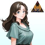  1girl ancient_ys_vanished blue_eyes breasts brown_hair closed_mouth copyright_name highres lilia_(ys) logo long_hair looking_at_viewer medium_breasts minamoto80486 ringed_eyes short_sleeves simple_background smile solo upper_body white_background ys 