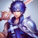  1boy aokamei armor belt bishounen blue_eyes blue_hair blue_shirt chrom_(fire_emblem) collarbone eyelashes fire_emblem fire_emblem_awakening grey_background holding holding_sword holding_weapon male_focus messy_hair parted_lips shirt short_hair shoulder_armor single_sleeve solo sword toned toned_male weapon 