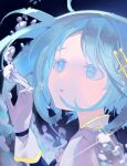 1girl blue_eyes blue_hair bubble capelet colored_eyelashes commentary gloves hair_ornament hand_up highres liquid looking_up looshue magical_girl mahou_shoujo_madoka_magica mahou_shoujo_madoka_magica_(anime) miki_sayaka open_mouth portrait short_hair solo water white_capelet white_gloves 
