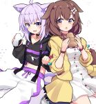  2girls ahoge akagi_(sk0127aho) animal_ears black_collar black_hoodie blush bone_hair_ornament brown_eyes brown_hair cat_ears cat_girl cat_tail collar dog_ears dog_girl dog_tail dress food hair_ornament highres holding holding_food hololive hood hoodie inugami_korone inugami_korone_(1st_costume) jacket long_hair medium_hair multiple_girls nekomata_okayu nekomata_okayu_(1st_costume) onigiri onigiri_print open_mouth pants purple_hair red_collar smile tail violet_eyes virtual_youtuber white_background white_dress white_pants yellow_jacket 