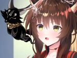  1girl :d animal_ears bell bettle_(b_s_a_n) brown_hair butterfly_hair_ornament fumi_(nijisanji) hair_ornament highres jingle_bell long_hair nijisanji smile virtual_youtuber yellow_eyes 