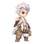  1boy belt brown_belt brown_footwear brown_pants chibi clenched_hand closed_mouth cloud_print fold-over_boots frown full_body hair_slicked_back long_sleeves looking_at_viewer male_focus navel official_art open_clothes open_shirt pants print_shirt ragnarok_online red_eyes shirt short_hair simple_background solo spiky_hair standing star_emperor_(ragnarok_online) tachi-e transparent_background v-shaped_eyebrows white_hair white_shirt wide_sleeves yuichirou 