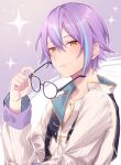  1boy blue_hair blue_vest commentary_request earrings gold_trim hinata_mizuiro holding holding_removed_eyewear jewelry kamishiro_rui light_blue_hair long_sleeves looking_at_viewer male_focus multicolored_hair necklace project_sekai purple_background purple_hair shirt single_earring smile solo sparkle streaked_hair two-tone_background unworn_eyewear upper_body vest white_background white_shirt yellow_eyes 