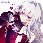  1girl black_choker choker finger_heart gloves haruka_(rsyaooooo) heart highres honkai_(series) honkai_impact_3rd jacket long_hair purple_gloves purple_ribbon red_jacket ribbon ribbon_hair_ornament smile solo thelema_(honkai_impact_3rd) upper_body violet_eyes white_background white_hair 