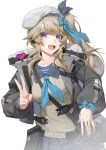  1girl absurdres animal_bag backpack bag beret black_jacket blue_bow blue_eyes blue_necktie bow cardigan fur-trimmed_jacket fur_trim girls&#039;_frontline_2:_exilium girls_frontline hair_bow hat heart highres jacket long_hair looking_at_viewer microphone necktie open_clothes open_jacket open_mouth plaid plaid_skirt pleated_skirt ren_huozhe shoulder_bag side_ponytail sidelocks simple_background skirt solo teeth upper_body upper_teeth_only v vepley_(girls&#039;_frontline_2) white_background white_headwear yellow_cardigan 