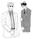  2boys animal_ears belt cat_ears collared_shirt cowboy_shot expressionless fake_animal_ears glasses greyscale ijichi_kiyotaka jujutsu_kaisen long_sleeves male_focus monochrome multiple_boys nanami_kento necktie shirt short_hair solo standing suit sumio_(smosmo) sunglasses 