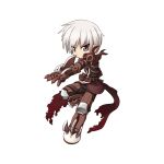  1boy arm_blade armor armored_boots black_bodysuit black_eyes bodysuit boots brown_armor brown_cape cape chibi closed_mouth foot_up full_body gauntlets grey_hair guillotine_cross_(ragnarok_online) leg_armor looking_at_viewer male_focus medium_bangs official_art pauldrons ragnarok_online short_hair shoulder_armor simple_background solo tachi-e torn_cape torn_clothes transparent_background v-shaped_eyebrows weapon yuichirou 