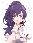 1girl :o asahina_mafuyu blush cogimyun commentary_request covering_own_mouth dress earrings fur_cuffs hinata_mizuiro jewelry looking_at_viewer ponytail project_sekai purple_hair sanrio short_sleeves snowflake_earrings snowflakes sparkle surprised upper_body violet_eyes white_background white_dress 