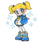  1girl blonde_hair blue_eyes blue_footwear blue_hoodie bubbles_(ppg) character_name commentary english_commentary hands_in_pockets highres hood hoodie kim_crab light_blush looking_at_viewer octopus_hair_ornament parted_bangs powerpuff_girls shoes short_bangs short_hair short_twintails simple_background smile sneakers solo sparkle standing thigh-highs toon_(style) twintails two-tone_hoodie white_background white_thighhighs zettai_ryouiki 