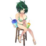bikini cleavage cup dolphin_wave drinking_straw green_hair harunami_anri large_breasts legs midriff offering_drink official_art ootomo_takuji sitting stool thighs