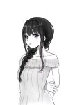  1girl arms_behind_back black_hair blush braid breasts closed_mouth commentary doodle943545 dress earrings grabbing_own_arm greyscale hashtag_only_commentary inoue_takina jewelry long_hair looking_at_viewer lycoris_recoil monochrome off-shoulder_dress off_shoulder sidelocks simple_background single_braid small_breasts solo spot_color sweater sweater_dress upper_body violet_eyes white_background 