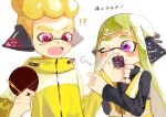  !? 1boy 1girl agent_3_(splatoon) agent_4_(splatoon) blonde_hair circle228dpi closed_mouth commentary_request cupcake eating eyelashes fang food green_hair headphones highres holding holding_food inkling inkling_boy inkling_girl inkling_player_character jacket long_hair one_eye_closed pink_eyes short_hair simple_background splatoon_(series) splatoon_1 splatoon_2 tentacle_hair thick_eyebrows translation_request violet_eyes white_background yellow_jacket 