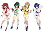 4girls asymmetrical_gloves asymmetrical_legwear ayato_utae bikini blonde_hair blue_bikini cleavage dolphin_wave green_bikini green_hair harunami_anri large_breasts legs midriff official_art ootomo_takuji red_bikini redhead sakimiya_iruka tojou_michiru yellow_bikini