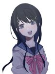  1girl 5woxxi :d black_hair blue_eyes blue_sailor_collar bow bowtie collarbone danganronpa:_trigger_happy_havoc danganronpa_(series) grey_shirt hair_ornament hairclip highres long_hair maizono_sayaka pink_bow pink_bowtie sailor_collar shirt simple_background smile solo teeth upper_body upper_teeth_only white_background 