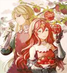  1boy 1girl apple aramis_(unicorn_overlord) artist_request basket blonde_hair blue_eyes branch closed_mouth countdown_illustration cowboy_shot detached_sleeves flower food fruit gauntlets gloves hand_up headdress highres holding holding_basket holding_flower long_hair official_art primm_(unicorn_overlord) red_tabard redhead smile standing tabard unicorn_overlord white_gloves 