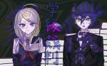  1boy 1girl :o ahoge akamatsu_kaede ball black_background black_headwear black_necktie blonde_hair brown_eyes collared_shirt danganronpa_(series) danganronpa_v3:_killing_harmony hair_between_eyes highres long_hair necktie official_alternate_costume pale_skin pink_eyes saihara_shuichi shimotsuki_niko shirt striped_necktie sweat translation_request upper_body white_shirt 