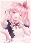  1other akiyama_mizuki alternate_costume animal_ear_fluff animal_ears animal_print apron artist_name bell black_dress blush border bow bowtie cat_ears cat_print cat_tail commentary_request dress english_text enmaided frilled_apron frills hair_ribbon hinata_mizuiro kemonomimi_mode looking_at_viewer maid neck_bell one_eye_closed open_mouth paw_pose paw_print pink_background pink_hair project_sekai red_bow red_bowtie red_ribbon ribbon side_ponytail sidelocks simple_background solo tail upper_body wavy_hair white_apron white_wrist_cuffs wrist_cuffs 