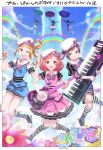  3girls :d ;d ayase_naru beret black_hair blonde_hair blue_eyes blue_shirt blue_shorts blue_sky border brown_eyes closed_mouth clouds collared_dress collared_shirt commentary_request dress drumsticks electric_guitar floating flower fukuhara_ann full_body green_eyes guitar hands_up hat highres holding holding_drumsticks holding_guitar holding_instrument holding_umbrella ice_skates instrument jumping knees_together_feet_apart long_hair looking_at_viewer multicolored_hair multiple_girls multiple_views murakami_hisashi music musical_note one_eye_closed open_mouth outdoors outside_border pink_dress pink_flower pink_hair playing_instrument playing_piano pretty_rhythm pretty_rhythm_rainbow_live pretty_series purple_flower purple_hair rainbow shirt short_hair short_sleeves shorts side_ponytail skates sky smile song_name suzuno_ito translation_request two-tone_hair umbrella white_border white_headwear 