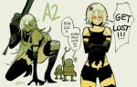  1girl 2boys 4th_chaos_emerald a2_(nier:automata) anger_vein angry black_gloves black_shirt black_shorts black_thighhighs character_name character_request elbow_gloves english_text gloves grey_hair highres holding holding_sword holding_weapon multiple_boys multiple_views nier:automata nier_(series) robot shirt shorts sketch speech_bubble sword thigh-highs weapon white_background 