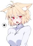  1girl ahoge animal_ears arcueid_brunestud artist_name blonde_hair breasts cat_ears citron80citron highres jewelry medium_breasts necklace red_eyes sharp_teeth shirt simple_background slit_pupils solo sweater teeth tsukihime tsukihime_(remake) turtleneck turtleneck_sweater upper_body white_background white_shirt 