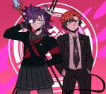  2boys banzoin_hakka black_hair black_pantyhose blue_eyes collared_shirt cosplay crossdressing crossover danganronpa_(series) danganronpa_2:_goodbye_despair english_commentary freckles glasses hands_in_pockets highres holding holding_polearm holding_weapon holostars holostars_english jacket kuzuryu_fuyuhiko kuzuryu_fuyuhiko_(cosplay) long_hair long_sleeves looking_at_another looking_at_viewer machina_x_flayon mechanical_tail ministarfruit multicolored_hair multiple_boys necktie pantyhose pekoyama_peko pekoyama_peko_(cosplay) pink_background pinstripe_pattern pinstripe_suit polearm purple_hair redhead ribbon school_uniform serafuku shirt short_hair skirt suit tail two-tone_hair upper_body virtual_youtuber weapon 