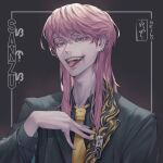  1boy ear_piercing green_eyes grin looking_at_viewer necktie non-web_source piercing pink_hair pointing pointing_at_self sanzu_haruchiyo scar scar_on_face smile suit tokyo_revengers tongue tongue_out upper_body wolf_cut yellow_necktie 