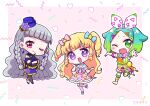  3girls :d ;d blonde_hair blue_bow blue_hair blunt_bangs blush bow braid chibi closed_mouth commentary_request diamond_earrings dress earrings fang flower gradient_hair green_eyes green_hair grey_hair hair_bow hand_on_own_cheek hand_on_own_face hand_up hands_up hat highres idol_clothes idol_time_pripara index_finger_raised jewelry koda_michiru koyoshi_yoko long_hair looking_at_viewer miichiru_(pripara) mini_hat multicolored_hair multiple_girls nijiiro_nino one_eye_closed open_mouth orange_shirt orange_shorts outstretched_arms pink_background pink_bow pink_dress pretty_series pripara purple_dress purple_flower red_eyes ringlets shirt short_hair shorts smile spread_arms standing star_(symbol) star_print swept_bangs triangle_hair_ornament twin_braids two_side_up very_long_hair violet_eyes wavy_hair yumekawa_yui 