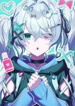  1girl 25-ji_miku :o absurdres aqua_background black_choker blue_eyes bow choker cross-laced_clothes cross-laced_sleeves dot_nose expressionless eyelashes grey_hair hair_between_eyes hair_intakes hair_ornament hair_ribbon hairclip hatsune_miku heart heart_on_cheek heterochromia highres hood hoodie long_hair long_sleeves looking_at_viewer nail_polish_bottle pink_eyes project_sekai ribbon shirt sidelocks sleeves_past_wrists solo sora_(men0105) twintails very_long_hair vocaloid wavy_hair x_hair_ornament 