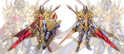  2boys armor body_armor breastplate brothers cape dual_wielding full_armor full_body gauntlets gira_husty gloves gold gold_armor gold_gloves greaves helmet highres hip_armor holding holding_polearm holding_shield holding_sword holding_weapon horns king_kuwagata_ohger king_ohkuwagata_ohger knight lance large_wings male_focus multiple_boys multiple_weapons ohger_crownlance ohgercrown ohgerlance ohkuwagata_ohger ohsama_sentai_king-ohger pauldrons polearm rcules_husty shield shoulder_armor siblings simple_background stag_beetle super_sentai sword tokusatsu tongzhen_ganfan weapon white_background 