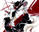  1boy black_hair black_headwear boothill_(honkai:_star_rail) ear_piercing earrings gun hair_over_one_eye hat_feather holding holding_gun holding_weapon honkai:_star_rail honkai_(series) jewelry long_hair looking_at_viewer male_focus multicolored_hair piercing solo split-color_hair tongue tongue_out valentine_dd weapon 