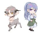  2girls androgynous animal_ears black_collar black_footwear centauroid chibi closed_mouth collar commentary_request crossed_arms feneculiu full_body goat_ears goat_girl goat_horns goat_tail grey_fur grey_hair hand_up highres hooves horns long_hair long_sleeves looking_at_viewer low_horns medium_hair monster_girl multiple_girls original ponytail purple_hair short_eyebrows simple_background smile standing taur violet_eyes white_background 