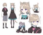  1boy 1girl 44dots(artist) animal_ear_fluff animal_ears black_capelet black_dress black_footwear black_headwear black_socks black_vest blue_bow blue_bowtie blush boots bow bowtie brother_and_sister buttons capelet cat_ears cat_girl cat_tail clenched_hand clenched_hands closed_eyes closed_mouth collared_shirt dress frills full_body garter_belt genshin_impact grey_footwear grey_pantyhose grey_shorts hair_between_eyes hands_up hat holding holding_clothes holding_hands holding_hat juliet_sleeves light_brown_hair long_hair long_sleeves looking_at_viewer looking_to_the_side lynette_(genshin_impact) lyney_(genshin_impact) open_mouth pantyhose pinafore_dress pink_bow pink_bowtie puffy_long_sleeves puffy_sleeves shirt shoes short_hair shorts siblings simple_background sitting sleeping sleeveless sleeveless_dress socks standing tail top_hat translation_request twins unworn_hat unworn_headwear upper_body v-shaped_eyebrows vest violet_eyes white_background white_shirt 