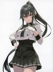  1girl absurdres belt belt_buckle black_belt black_hair black_sailor_collar black_shirt black_skirt breasts brown_eyes buckle buttons closed_mouth collared_shirt cowboy_shot gloves grey_skirt hair_between_eyes hand_on_own_hip highres kantai_collection long_hair long_sleeves necktie non-web_source pleated_skirt ponytail rokuwata_tomoe sailor_collar scan school_uniform serafuku shirt sidelocks simple_background skirt smile solo very_long_hair white_background white_gloves yahagi_(kancolle) 