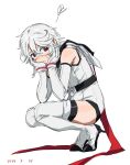  1girl bare_shoulders blush hands_on_own_cheeks hands_on_own_face heart-shift_bracelets highres leotard looking_at_viewer red_eyes short_hair shy_(character) shy_(series) simple_background squatting sweat sweatdrop takatisakana white_background white_hair white_leotard 