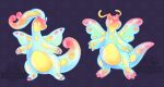  animal_focus colorful commentary creature dragon dragonite english_commentary full_body gatorstooth goodra highres no_humans pokemon pokemon_(creature) sea_angel simple_background standing tail wings yellow_eyes 