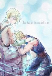  1boy 1girl apron belt blonde_hair blue_pants blue_shirt brown_belt claudia_strife closed_mouth cloud_strife dress english_text feet_out_of_frame final_fantasy final_fantasy_vii final_fantasy_vii_remake frilled_sleeves frills hand_on_another&#039;s_shoulder highres kneeling lap_pillow lifestream long_dress long_hair mother_and_son multiple_belts orange_dress pants ponytail shirt short_hair sitting sleeveless sleeveless_turtleneck smile spiky_hair suspenders turtleneck twitter_username warori_anne 