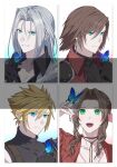  1girl 3boys aerith_gainsborough aqua_eyes armor black_coat black_gloves black_shirt blonde_hair blue_butterfly blue_eyes border brown_hair bug butterfly butterfly_on_hand choker closed_mouth cloud_strife coat crisis_core_final_fantasy_vii dangle_earrings dress earrings final_fantasy final_fantasy_vii final_fantasy_vii_rebirth final_fantasy_vii_remake flower_choker genesis_rhapsodos gloves gongju_s2 green_eyes grey_hair hair_between_eyes hair_ribbon highres jacket jewelry long_bangs long_hair multiple_boys open_mouth parted_bangs parted_lips pink_dress pink_ribbon portrait red_coat red_jacket ribbon sephiroth shirt short_hair shoulder_armor single_bare_shoulder single_shoulder_pad sleeveless sleeveless_turtleneck slit_pupils smile spiky_hair suspenders turtleneck white_background white_border 