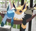  animal animal_ears animal_focus closed_eyes closed_mouth fence glaceon grass hammock jolteon lying nagasaki_wonderful no_humans outdoors pokemon pokemon_(creature) signature sleeping tree umbreon violet_eyes 