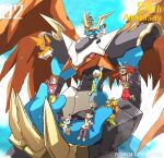  3girls 6+boys animal_hands anniversary armadillo armadimon armor beak bird black_armor black_hair blonde_hair blue_shirt blue_skin blue_sky brown_hair camera cat claws colored_skin copyright_name crossed_legs dated digimon digimon_adventure_02 digivice dragon elbow_gloves feather_hair fingerless_gloves flame_print gdn0522 giant glasses gloves goggles goggles_on_head green_skin hair_ornament hairclip hawkmon head_wings hida_iori holding holding_camera ichijouji_ken imperialdramon imperialdramon_fighter_mode inoue_miyako jacket looking_at_viewer motomiya_daisuke multiple_boys multiple_girls on_head orange_helmet patamon paw_gloves print_jacket red_eyes red_wings shirt short_hair shorts sky sleeveless sleeveless_shirt spiky_hair tailmon takaishi_takeru talons twitter_username white_hat wings yagami_hikari yellow_shorts yellow_skin 