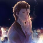  1boy aizen_sousuke alternate_costume backlighting bleach blurry blurry_background brown_eyes brown_hair cigarette cityscape commentary contemporary english_commentary formal hair_between_eyes hair_slicked_back hand_up highres holding holding_cigarette jewelry kas0n3ri lens_flare long_sleeves looking_at_viewer male_focus mature_male night outdoors parted_lips ring short_hair smoke smoking solo tsurime upper_body veins veiny_arms 