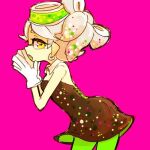  1girl bare_shoulders black_dress detached_collar dress earrings eyelashes fang from_side gloves green_pantyhose grey_hair jewelry lowres marie_(splatoon) open_mouth pantyhose pink_background short_hair simple_background solo splatoon_(series) tentacle_hair tora_kaede white_gloves yellow_eyes 
