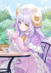  1girl animal_ears bell blue_sky blunt_bangs blush bow bowtie capelet cellphone cellphone_stand chair closed_mouth clouds commentary cup dress english_commentary esila_shephield flower fur-trimmed_dress fur_trim gloves hair_ornament half_gloves hat hat_flower highres holding holding_cup horns long_hair neck_bell nexas_(vtuber) nyori phone purple_bow purple_bowtie purple_dress purple_hair quilted_clothes second-party_source sheep_ears sheep_girl sheep_horns sitting sky smartphone smile solo table teacup very_long_hair virtual_youtuber wavy_hair white_gloves white_hat yellow_eyes 