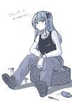  1girl absurdres blue_theme bow collarbone hair_bow highres hololive hoshimachi_suisei long_hair looking_ahead monochrome one_side_up pants screwdriver shadow shoes simple_background sitting solo tank_top translation_request virtual_youtuber waju220 wheel white_background 