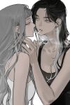  2girls bare_arms bare_shoulders black_hair black_tank_top blunt_bangs breasts cigarette cigarette_kiss collarbone eriol_s2 expressionless eyelashes grey_hair hair_over_shoulder half-closed_eyes hand_in_another&#039;s_hair highres holding holding_cigarette long_hair mouth_hold multicolored_hair multiple_girls original parted_lips pink_lips simple_background smoking spaghetti_strap streaked_hair tank_top thick_eyebrows upper_body wavy_hair white_background white_eyes white_hair white_tank_top yuri 