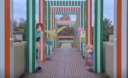  4girls :d :o blue_footwear blue_skirt blue_sky breath cardigan commentary emma_verde full_body green_cardigan green_pants green_sleeves grey_footwear grey_pants highres jacket konoe_kanata layered_sleeves long_sleeves love_live! love_live!_nijigasaki_high_school_idol_club miniskirt moshi_(0364p) multiple_girls nakasu_kasumi open_mouth outdoors pants pants_rolled_up pants_under_skirt photo_background purple_jacket qu4rtz_(love_live!) red_footwear shirt shoes short_over_long_sleeves short_sleeves skirt sky slav_squatting smile squatting standing tennoji_rina thigh-highs white_skirt white_thighhighs yellow_cardigan yellow_footwear yellow_jacket yellow_shirt yellow_skirt zettai_ryouiki 