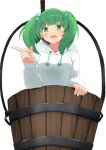  1girl :d bucket commentary_request green_eyes green_hair hair_bobbles hair_ornament hood hoodie in_bucket in_container kisume long_sleeves mizune_(winter) pointing puffy_sleeves simple_background smile solo touhou twintails white_background white_hoodie wooden_bucket 