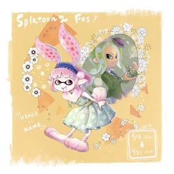  2girls animal_ears border dated green_eyes green_hair green_jacket hairband hat highres inkling inkling_girl inkling_player_character jacket lolita_hairband long_hair mini_hat multiple_girls necktie octoling octoling_girl octoling_player_character open_mouth pink_eyes pink_hair rabbit_ears rabbit_tail signature smile splatoon_(series) splatoon_2 suction_cups tail tentacle_hair tortoise turtle white_border yoshika_(kotorizinbei) 